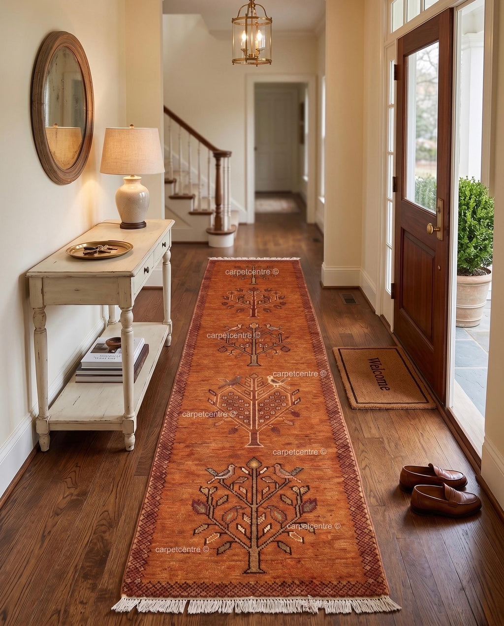 Tribal Tree Runner Rug – Rust Orange Wool Carpet with Bird Motif (Custom Sizes)