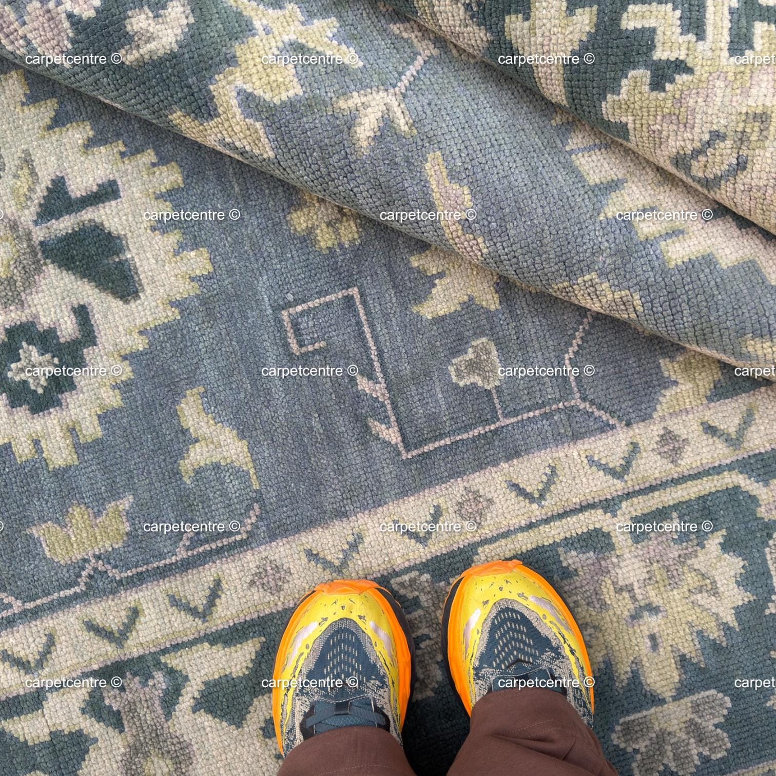 Muted Blue Oushak Rug | Vintage Geometric Turkish Wool Area Rug