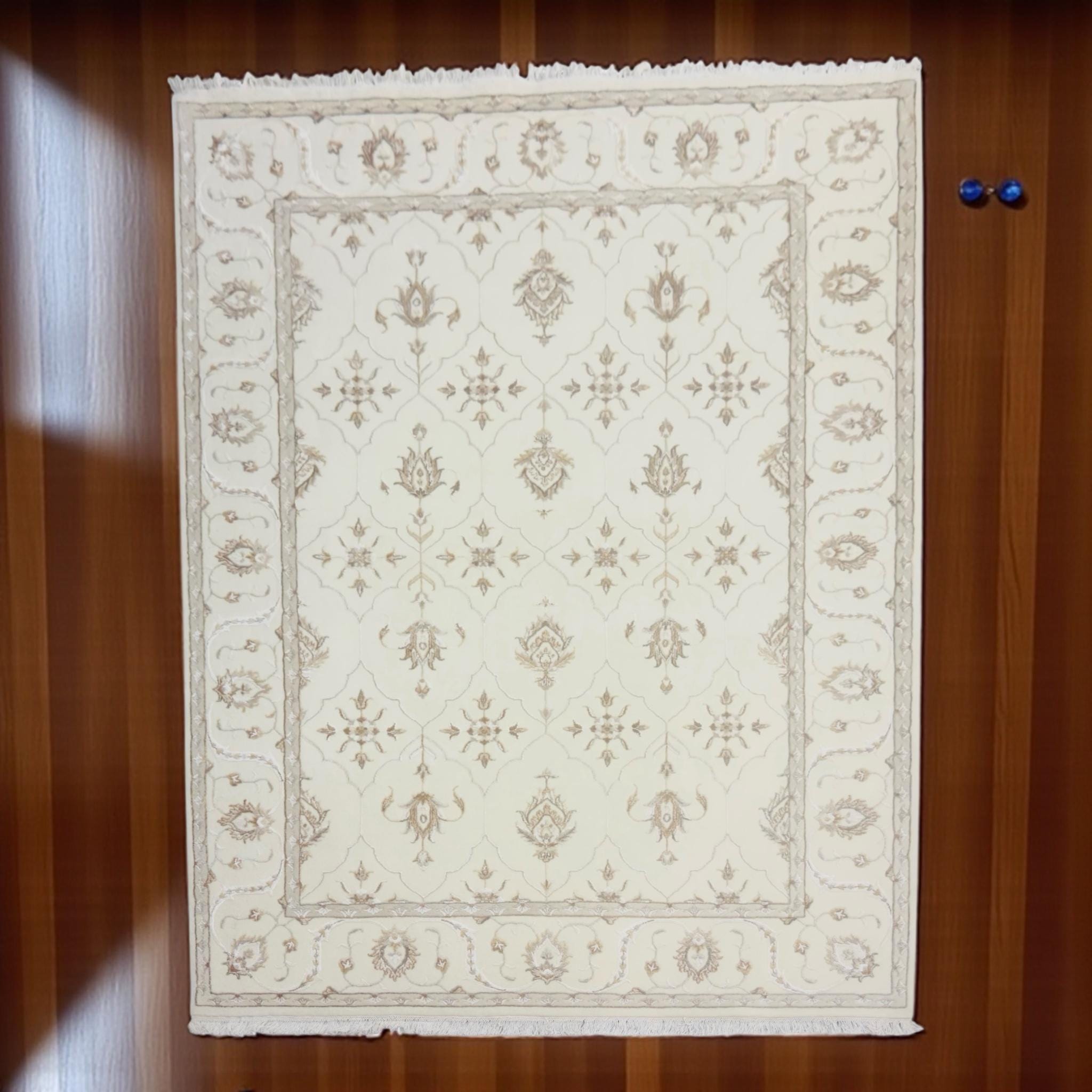 Vintage Handwoven Wool Medallion Rug: Cream and Art Silk, 7'10"x5'9"