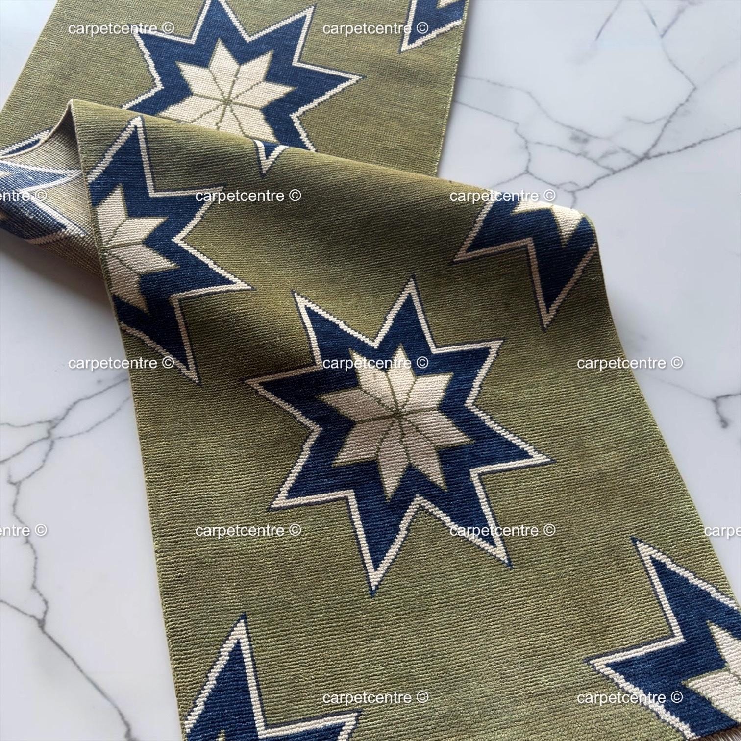 Moss Green Wool Runner Rug, Turkish Knot Star Design, Geometric Hallway Entryway Carpet