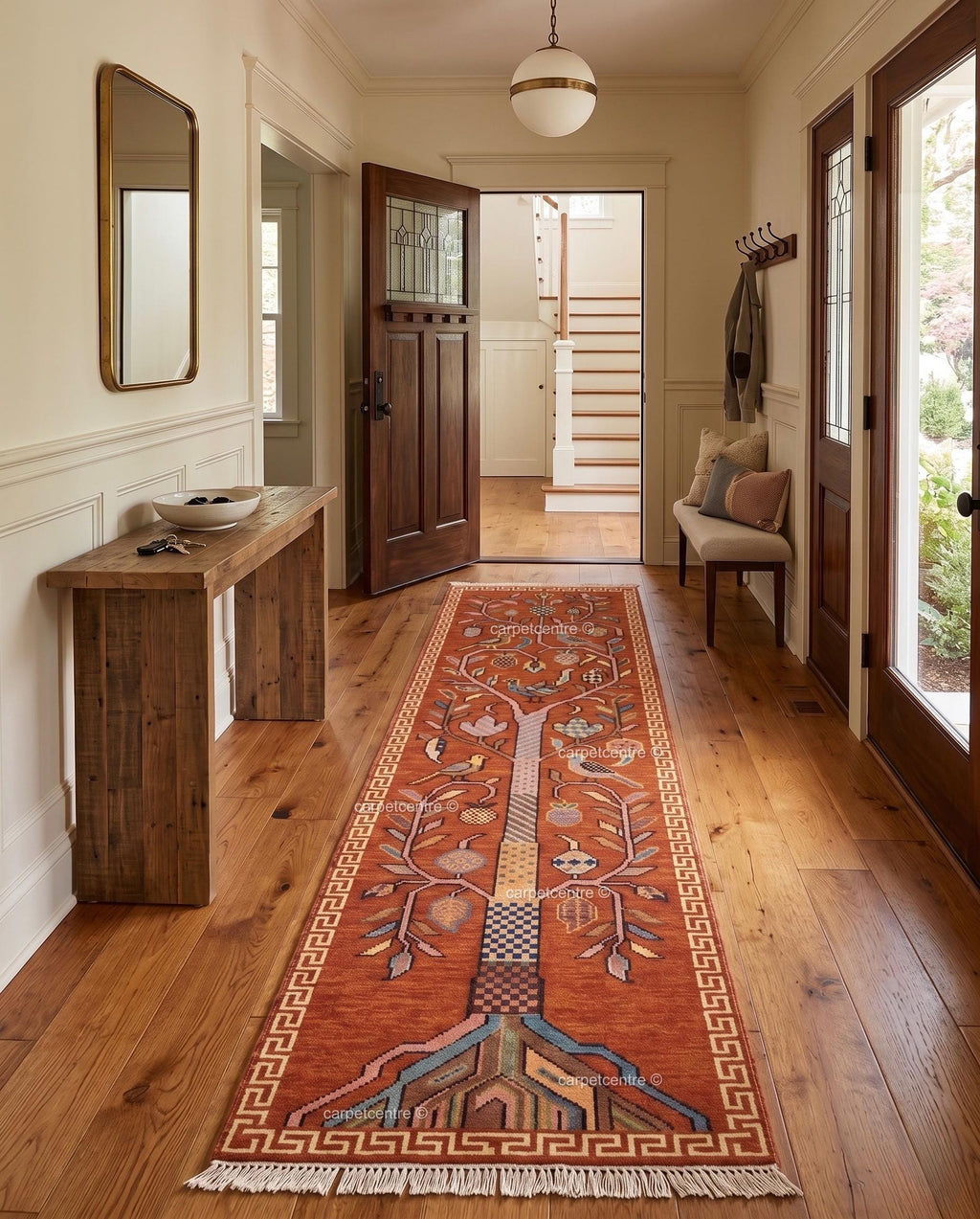 Tree of Life Runner Rug: Rust Orange Colorful Carpet Handmade Wool Area Rug