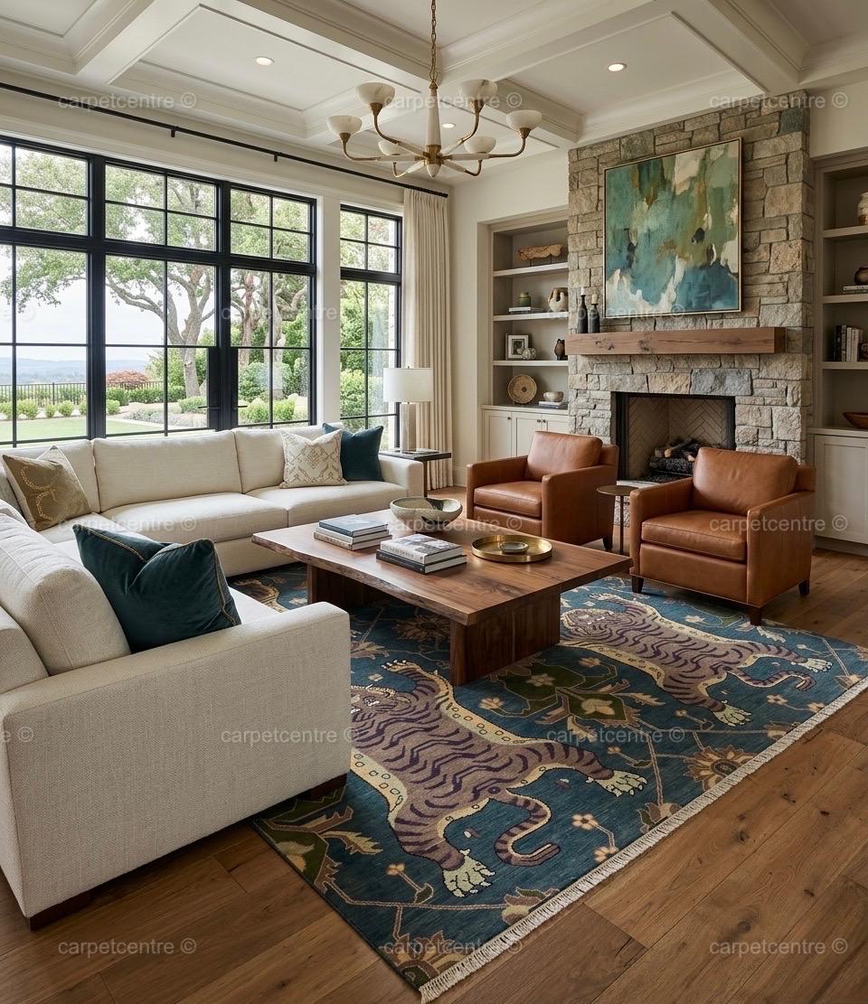 Tibetan Tiger Oushak Rug | Blue Hand-Knotted Wool Area Rug | Maximalist Boho Carpet