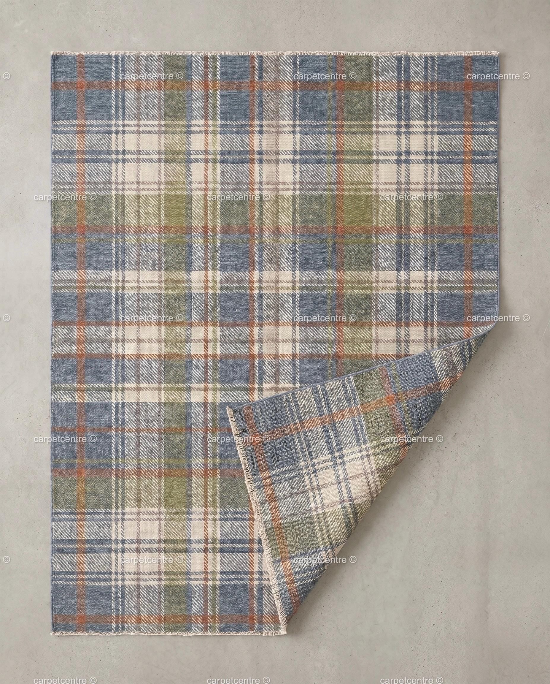 Hand Knotted Plaid Wool Rug: Blue Green Tartan, New Zealand Wool, Custom Sizes