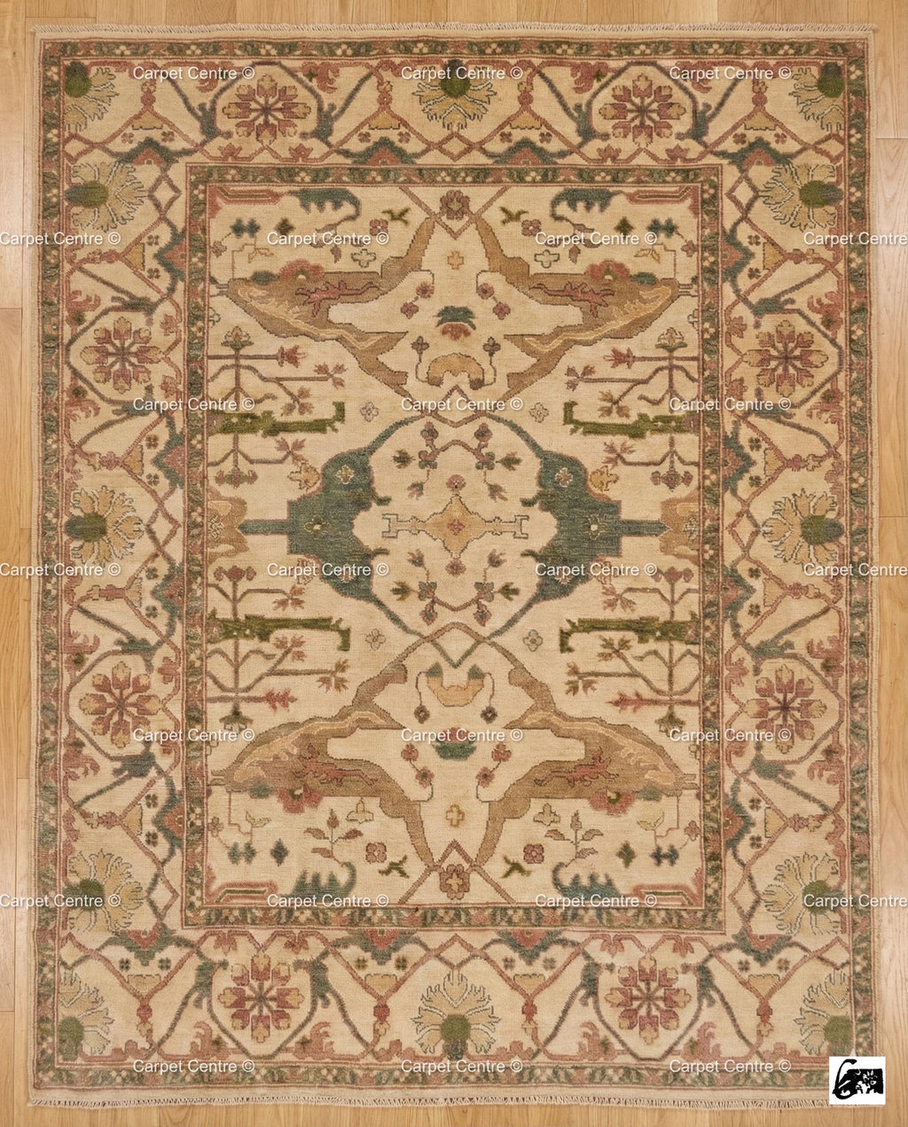 Hand Knotted Wool Oushak Rug, Beige Geometric Medallion, Turkish Knot