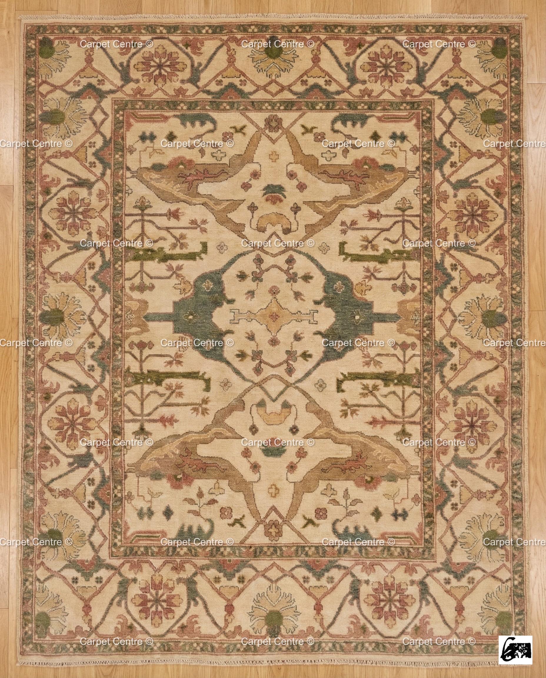 Hand Knotted Wool Oushak Rug, Beige Geometric Medallion, Turkish Knot