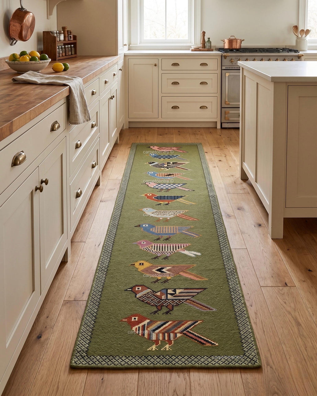 Handmade Wool Folk Art Bird Runner Rug, Green Hallway Carpet, Turkish Knot Artisan Made