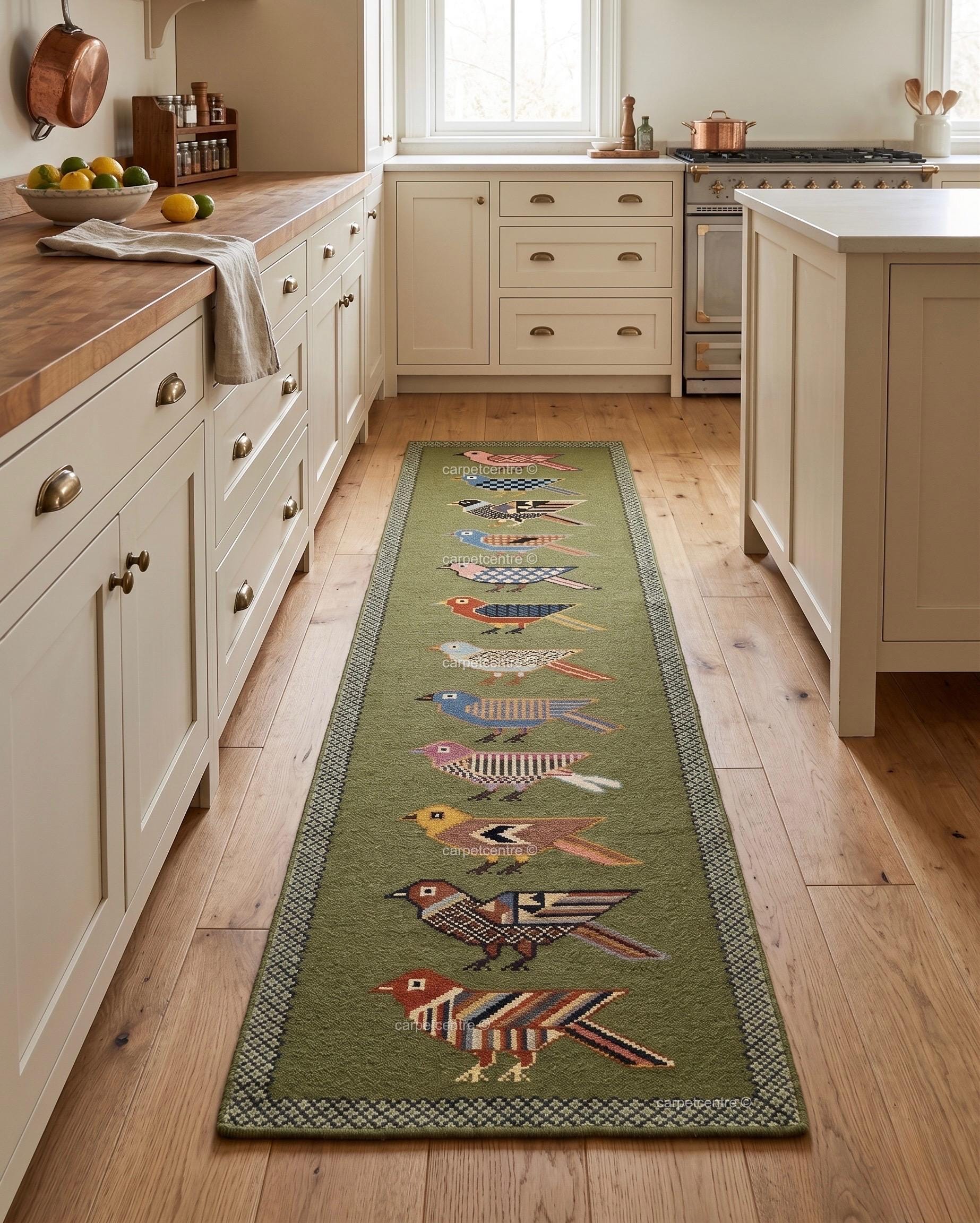 Handmade Wool Folk Art Bird Runner Rug, Green Hallway Carpet, Turkish Knot Artisan Made