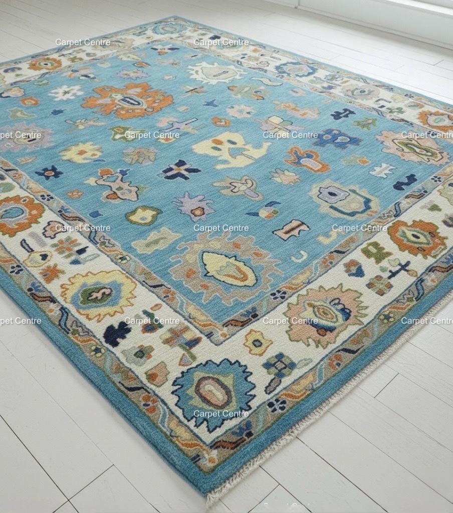 Hand-Knotted Light Blue Oushak Wool Rug, Eclectic Boho Style