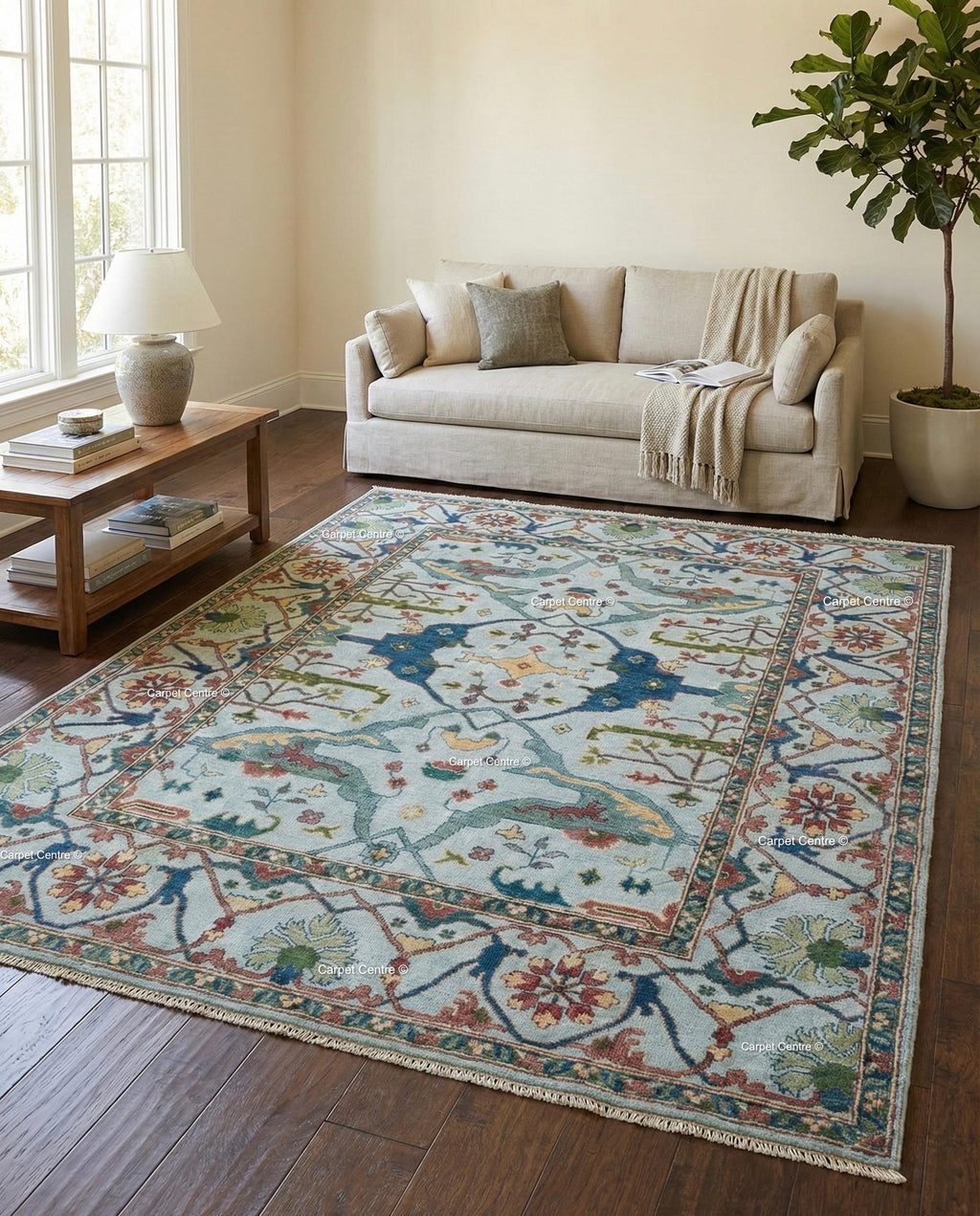Hand Knotted Wool Oushak Rug, Geometric Serapi Style, Coastal Farmhouse