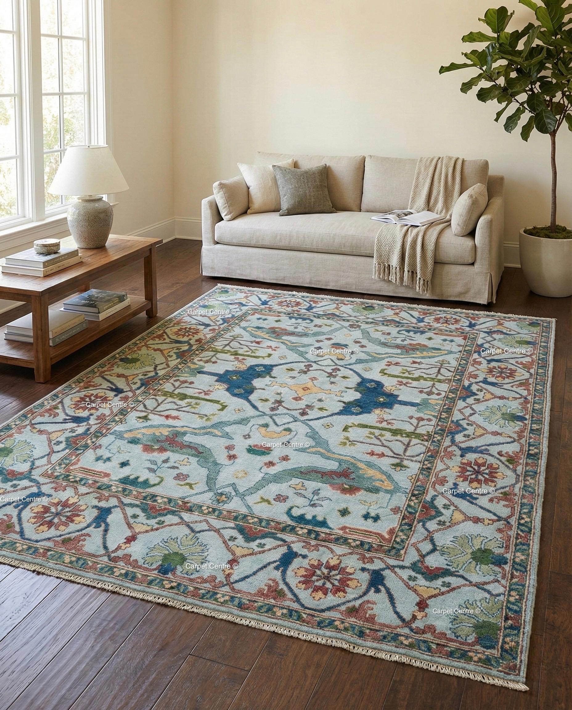 Hand Knotted Wool Oushak Rug, Geometric Serapi Style, Coastal Farmhouse