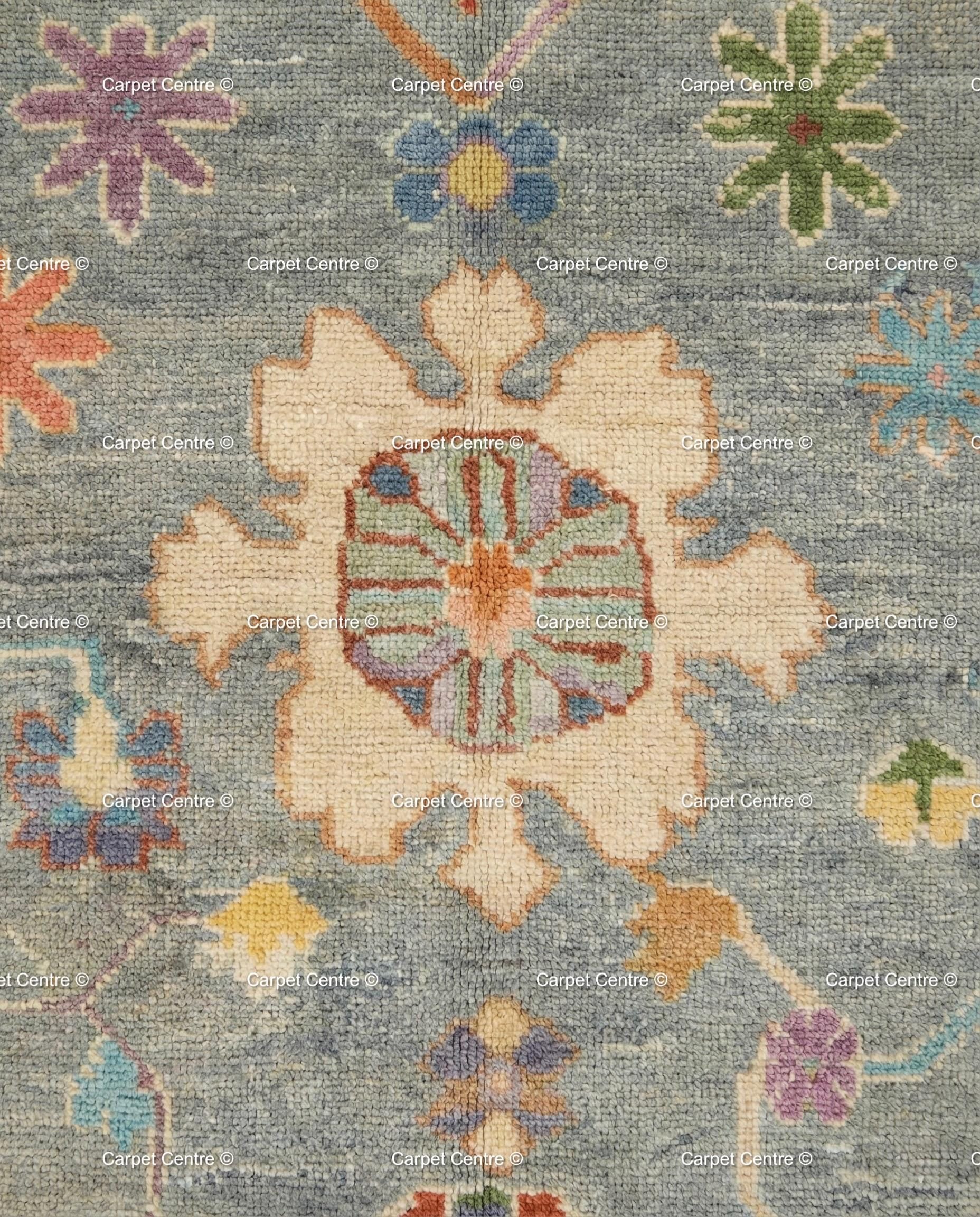 Hand Knotted Wool Oushak Rug, Slate Grey Floral Carpet
