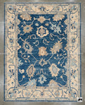 Hand Knotted Navy Blue Wool Oushak Rug, Traditional Floral Carpet