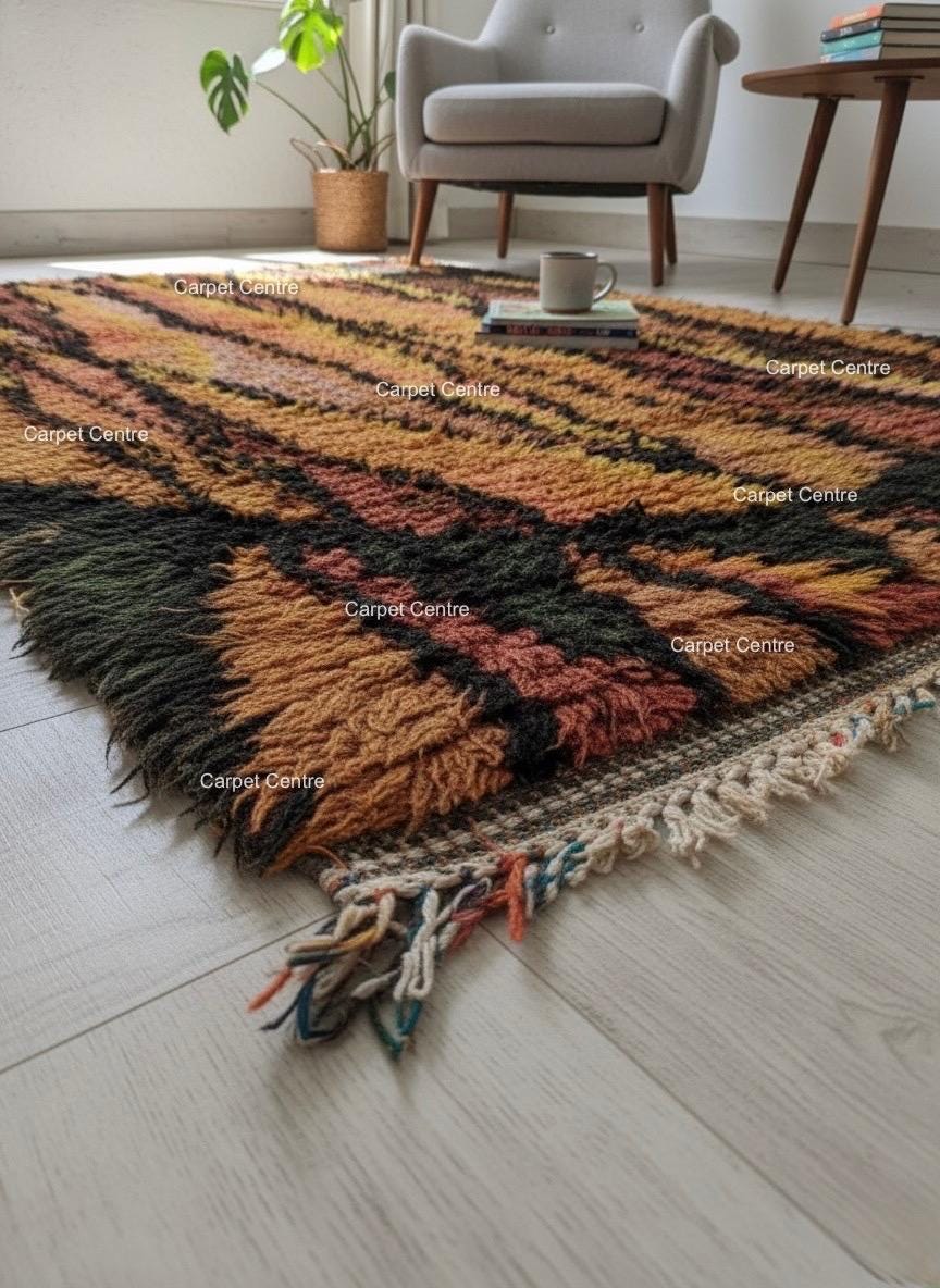 Handmade Moroccan Shag Rug, Rust Orange Wool Tulu Rug, Geometric Boho Decor