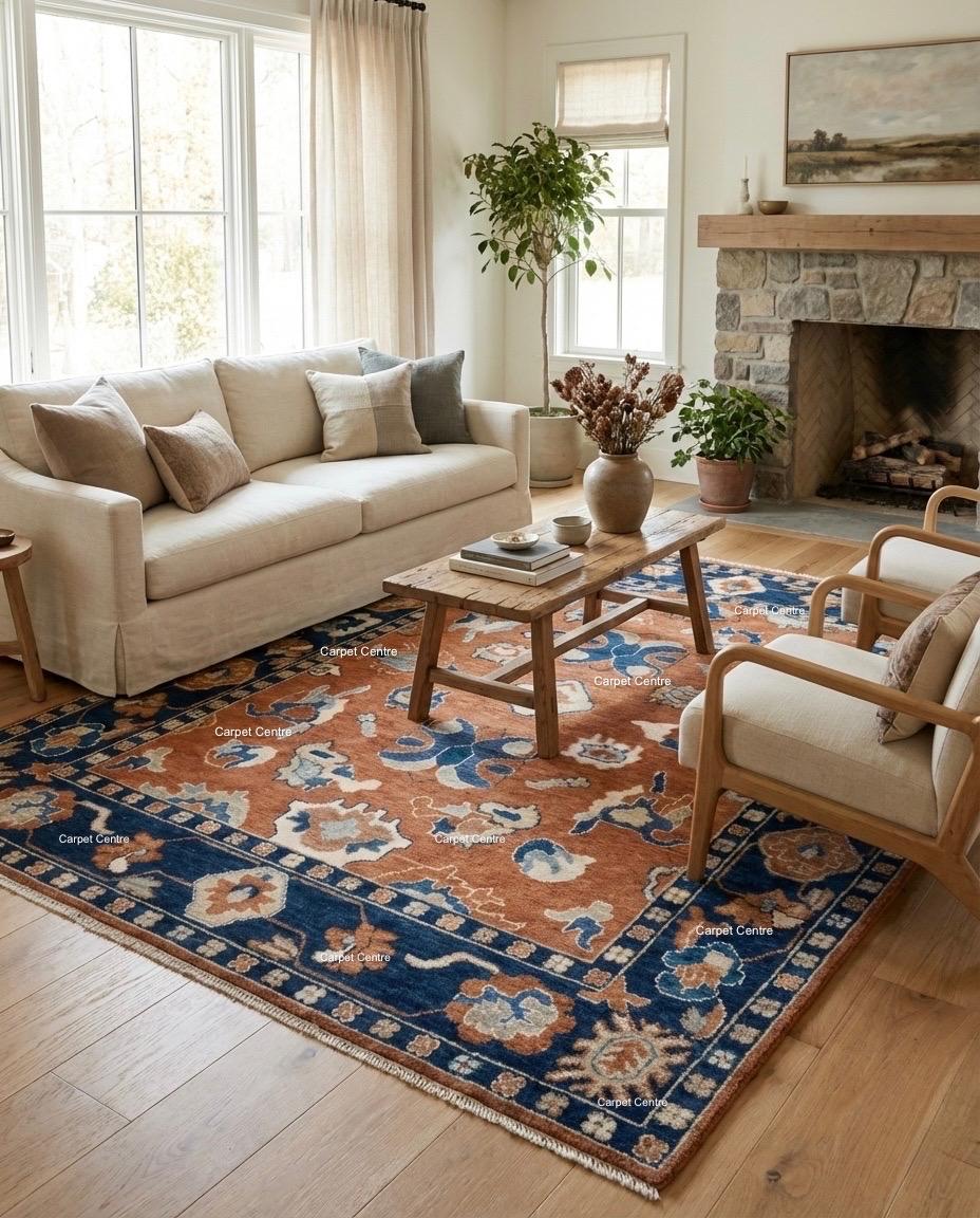 Rust Orange Oushak Rug, Navy Border, Hand Knotted Wool Carpet