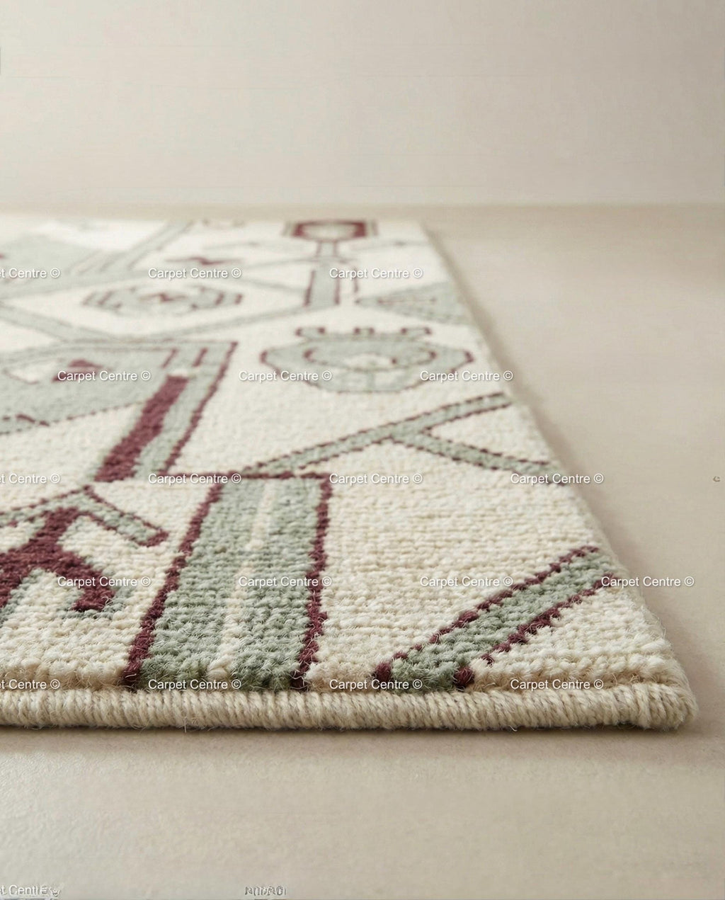 Cream Oushak Wool Runner Rug, Sage Green Geometric Turkish Knot