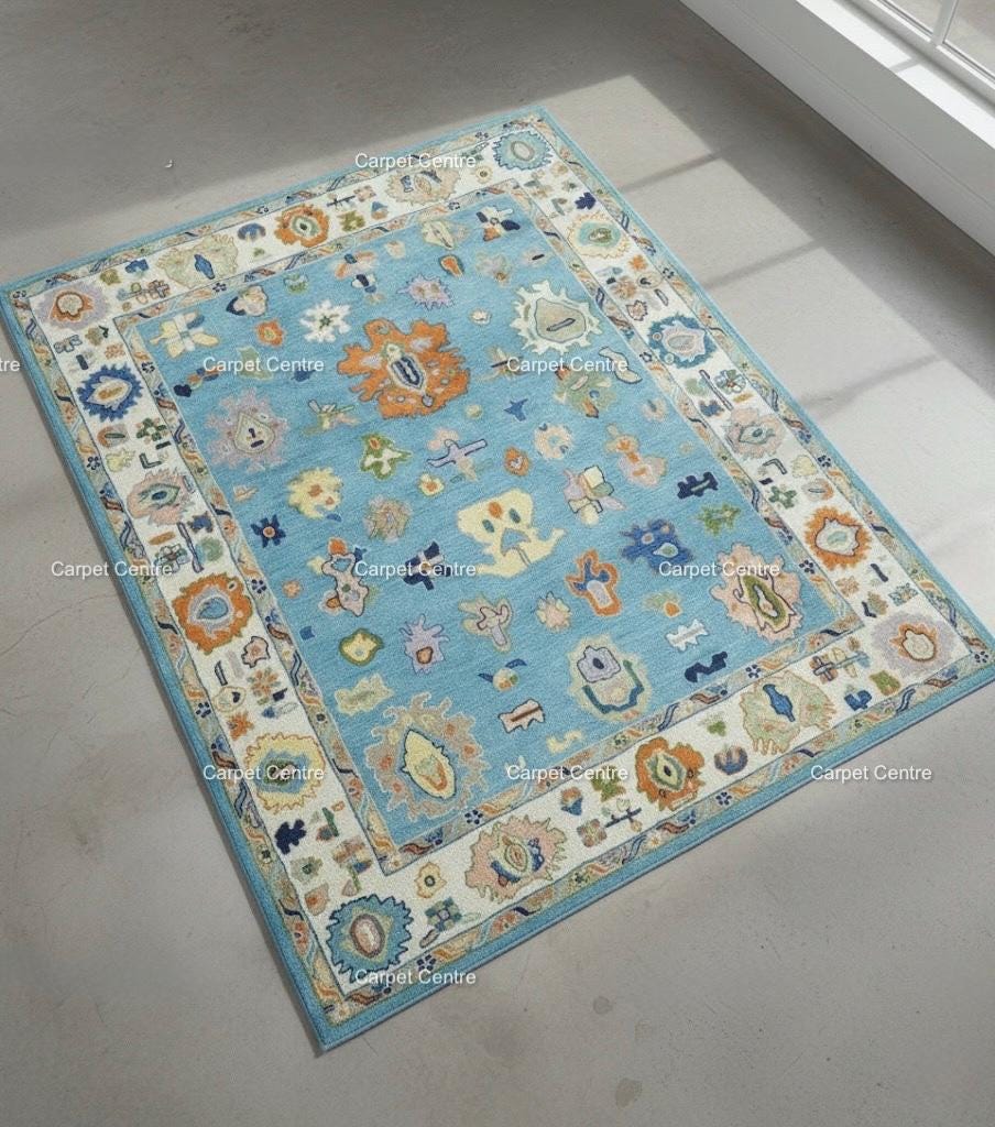Hand-Knotted Light Blue Oushak Wool Rug, Eclectic Boho Style