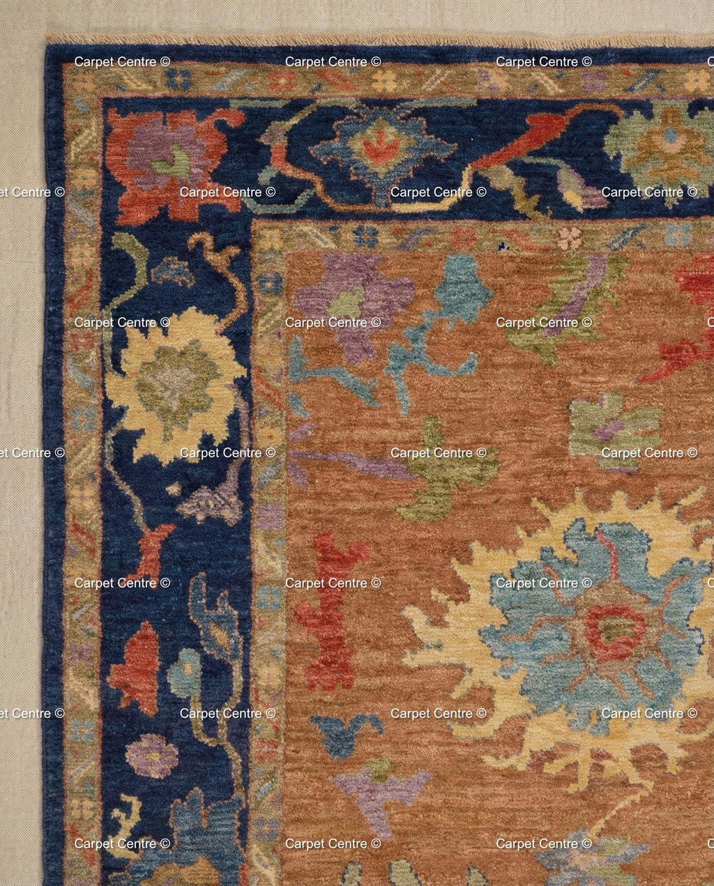Hand Knotted Wool Oushak Rug – Rust Orange & Navy, Turkish Knot