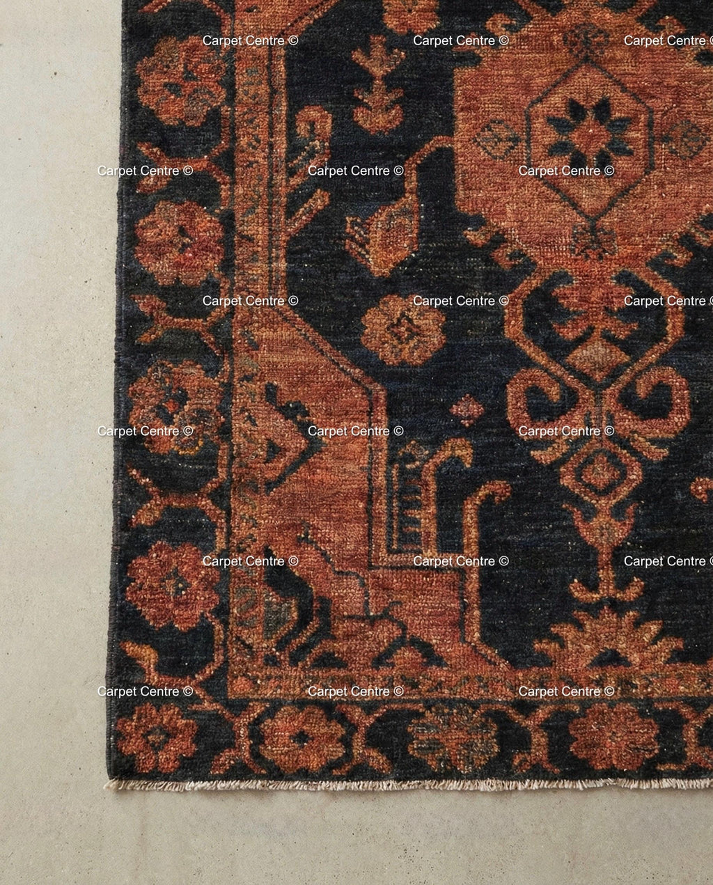 Hand Knotted Oushak Wool Runner, Black & Rust Geometric Hallway Rug