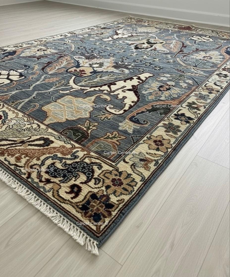Hand-Knotted Dusty Blue Wool Rug | Traditional Oriental Design
