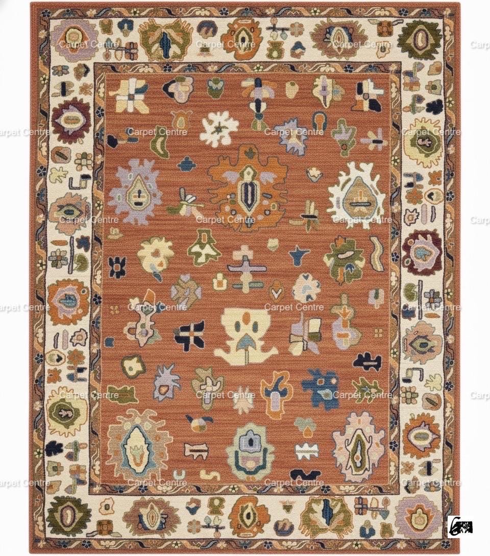 Terracotta Oushak Wool Rug, Hand-Knotted Boho Area Rug