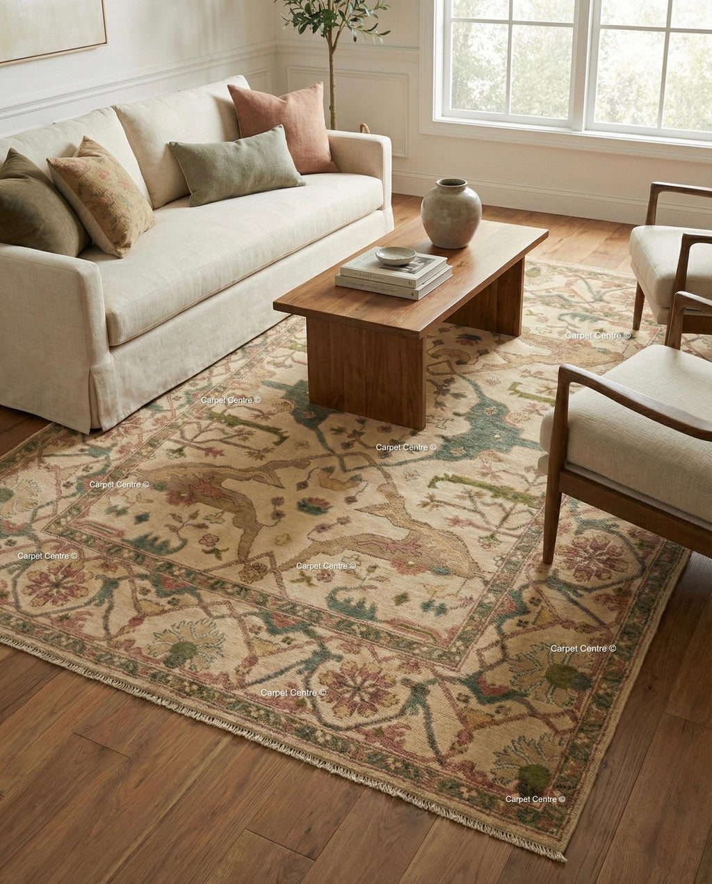 Hand Knotted Wool Oushak Rug, Beige Geometric Medallion, Turkish Knot