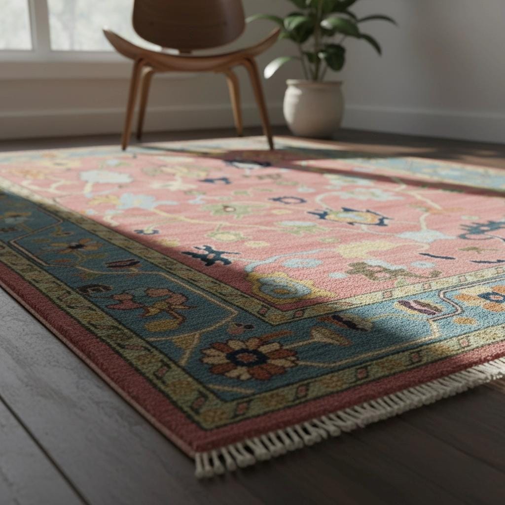 Hand-Knotted Oushak Wool Rug | Pink & Sky Blue Folk Floral