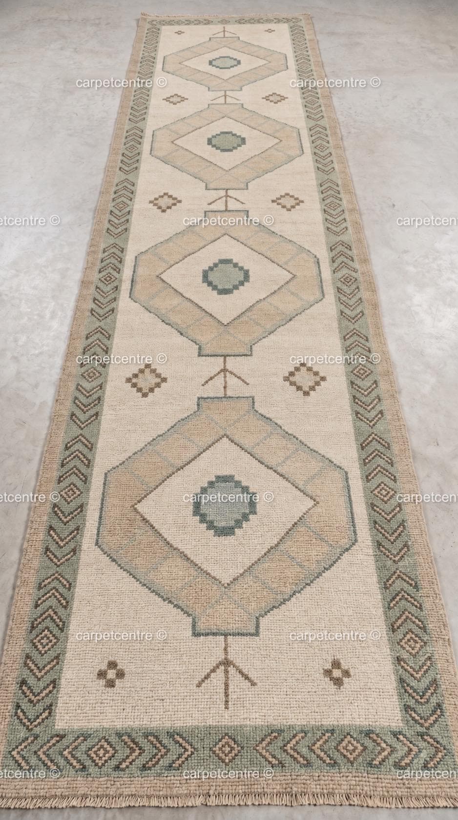 Vintage Oushak Runner Rug | Cream Geometric Turkish Hallway Rug | Boho Chevron Entryway 100% Wool
