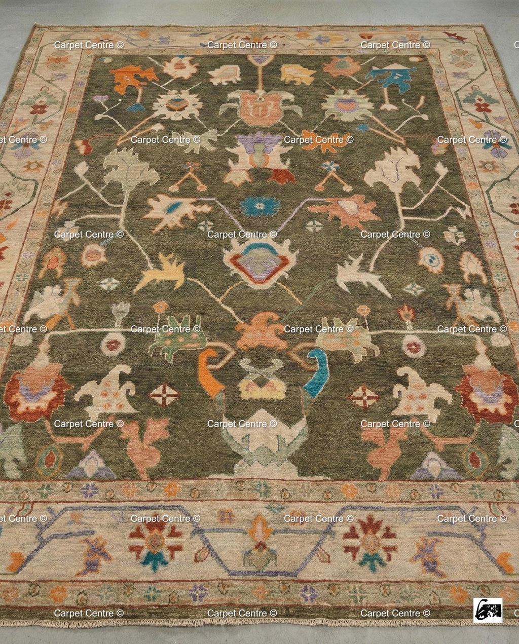Hand-Knotted Wool Oushak Rug, Moss Green, Tribal Geometric Design