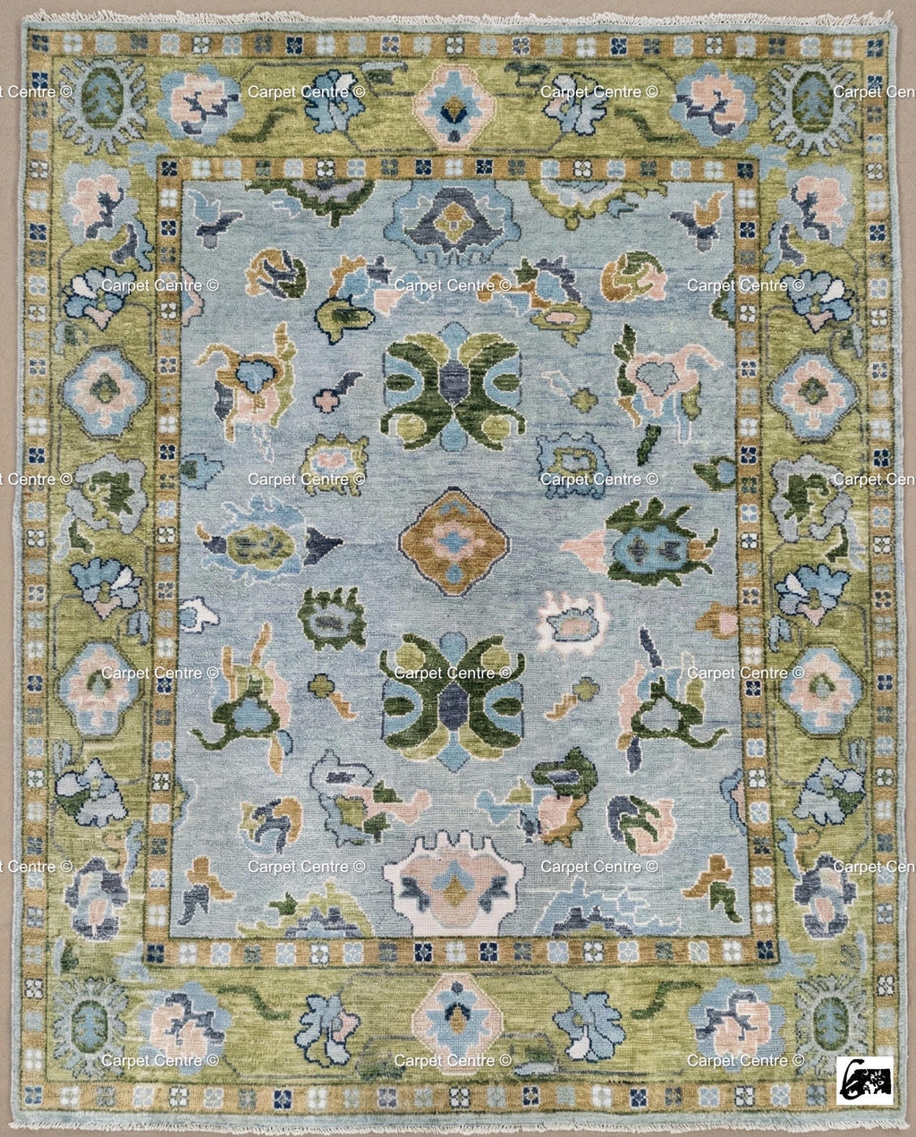 8x10 Hand-Knotted Wool Oushak Rug, Sage Green Border, Modern Traditional Floral