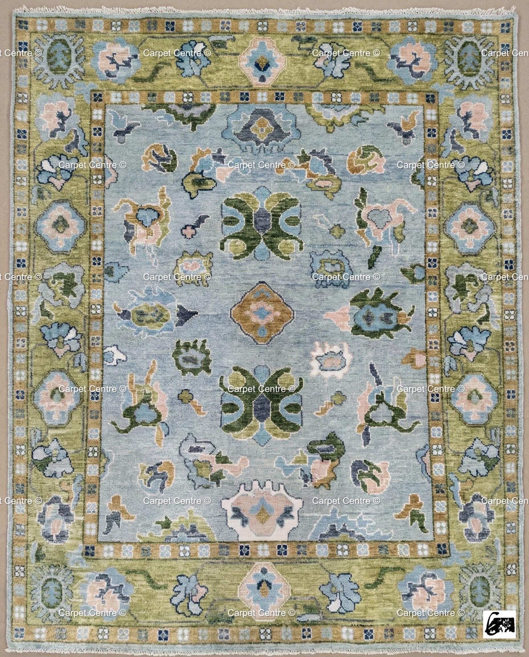 8x10 Hand-Knotted Wool Oushak Rug, Sage Green Border, Modern Traditional Floral