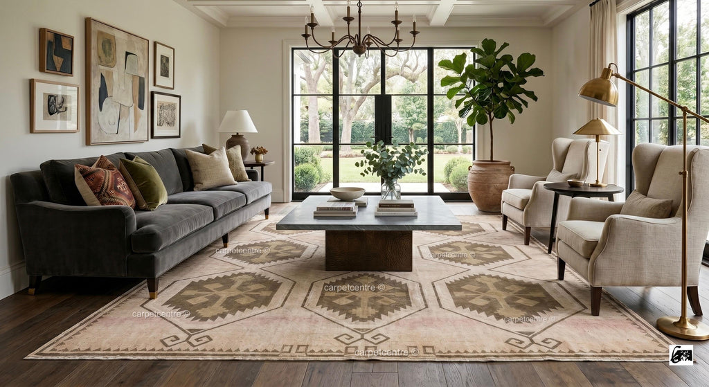Hand-Knotted Wool Oushak Rug | Neutral Geometric Tribal Carpet, Beige Brown Style