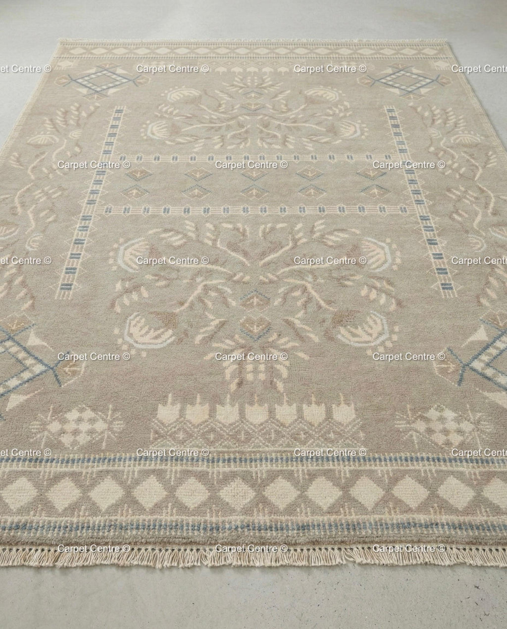 Hand Knotted Oushak Rug, Muted Taupe Geometric Wool Carpet, Boho Living Room Decor