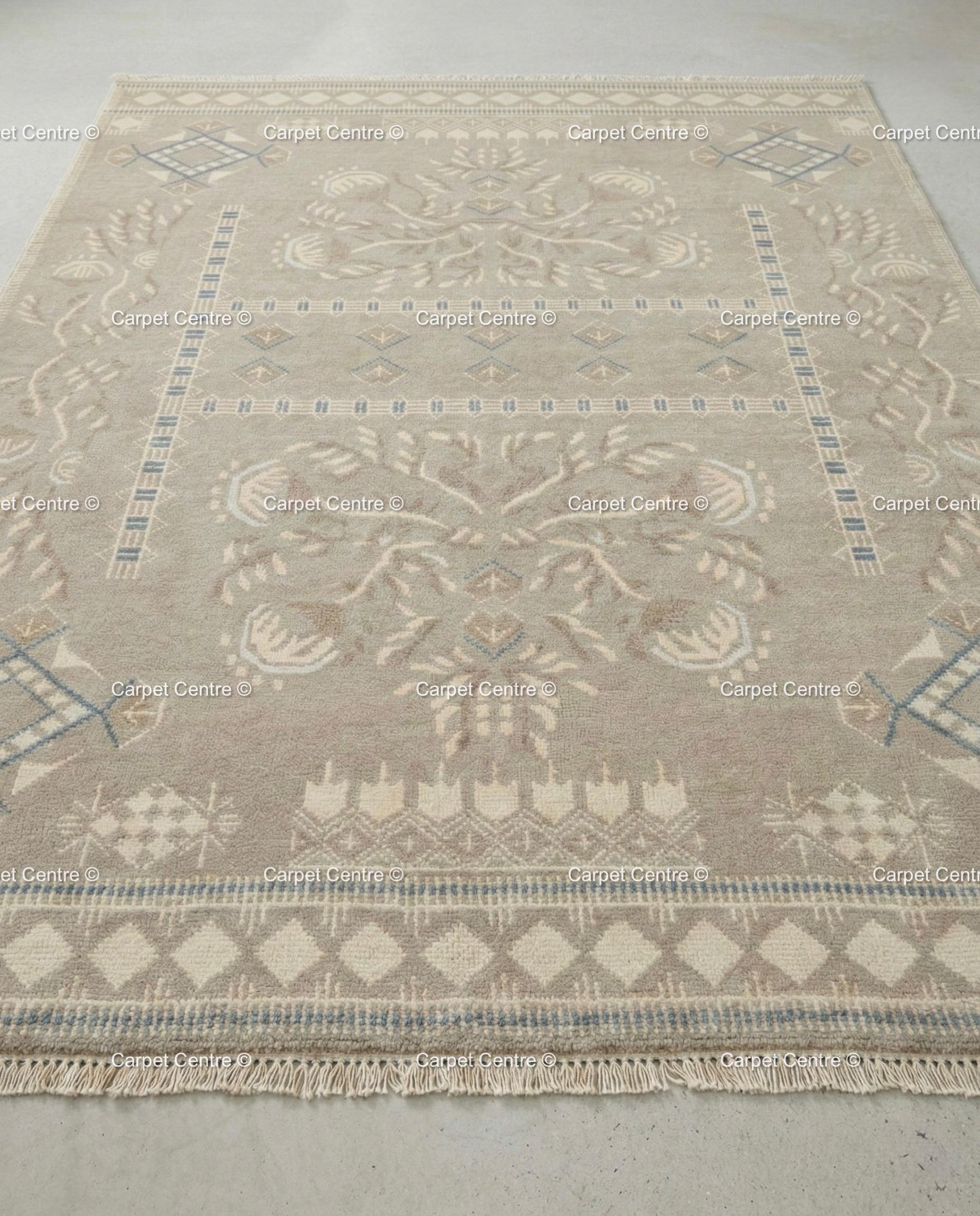 Hand Knotted Oushak Rug, Muted Taupe Geometric Wool Carpet, Boho Living Room Decor