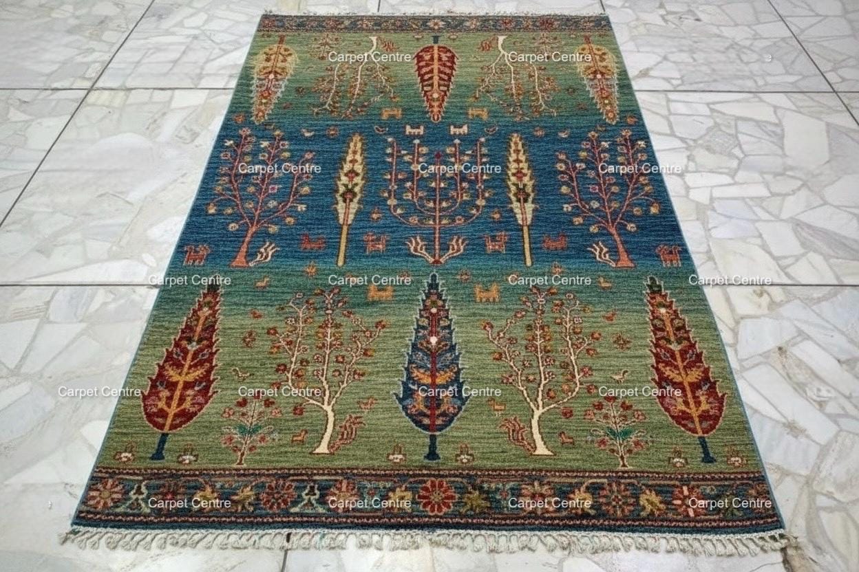 Hand-Knotted Wool Rug, Tree of Life Garden Design, Blue Green Abrash