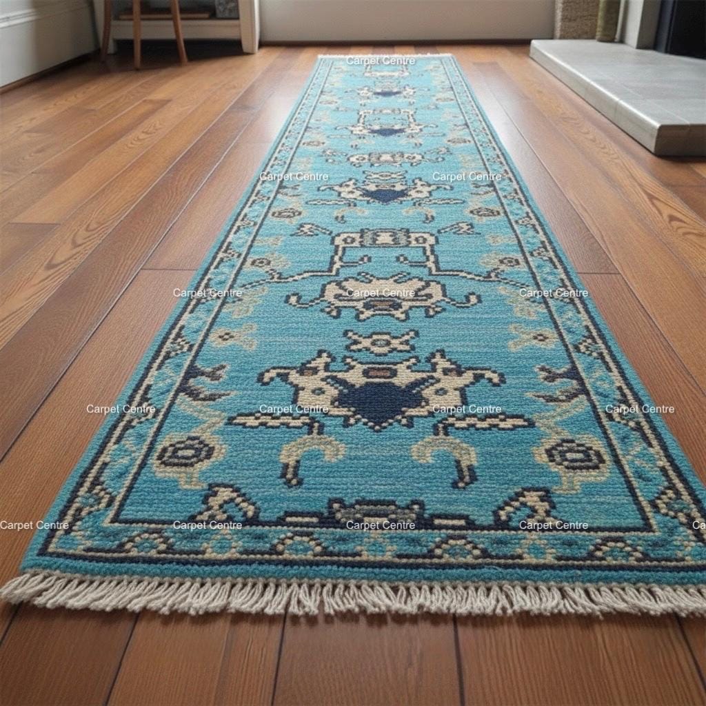 Teal Oushak Runner Rug, Hand-Knotted Wool, Tribal Geometric Design