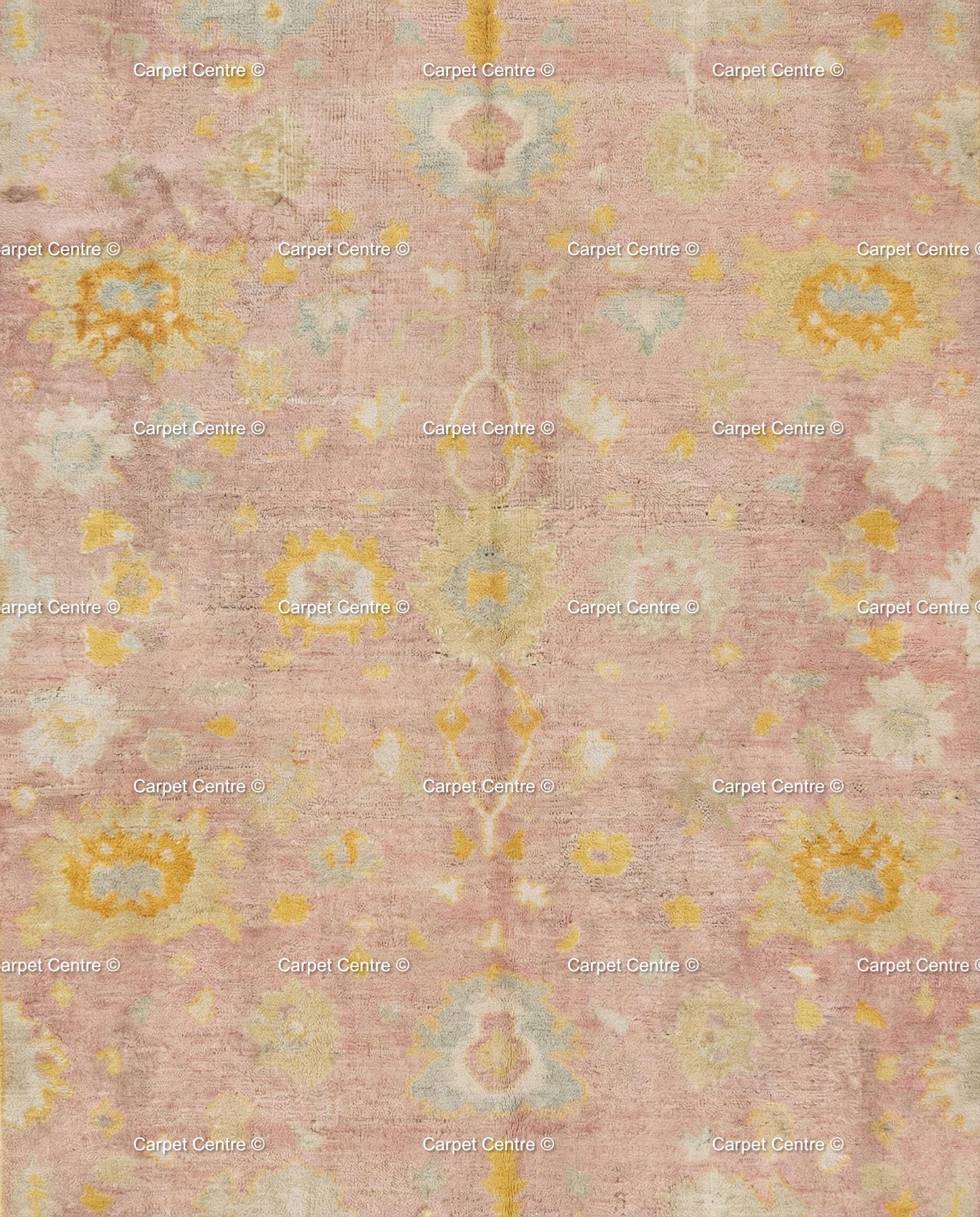 Hand Knotted Wool Oushak Rug, Pink Floral, Vintage Turkish Style