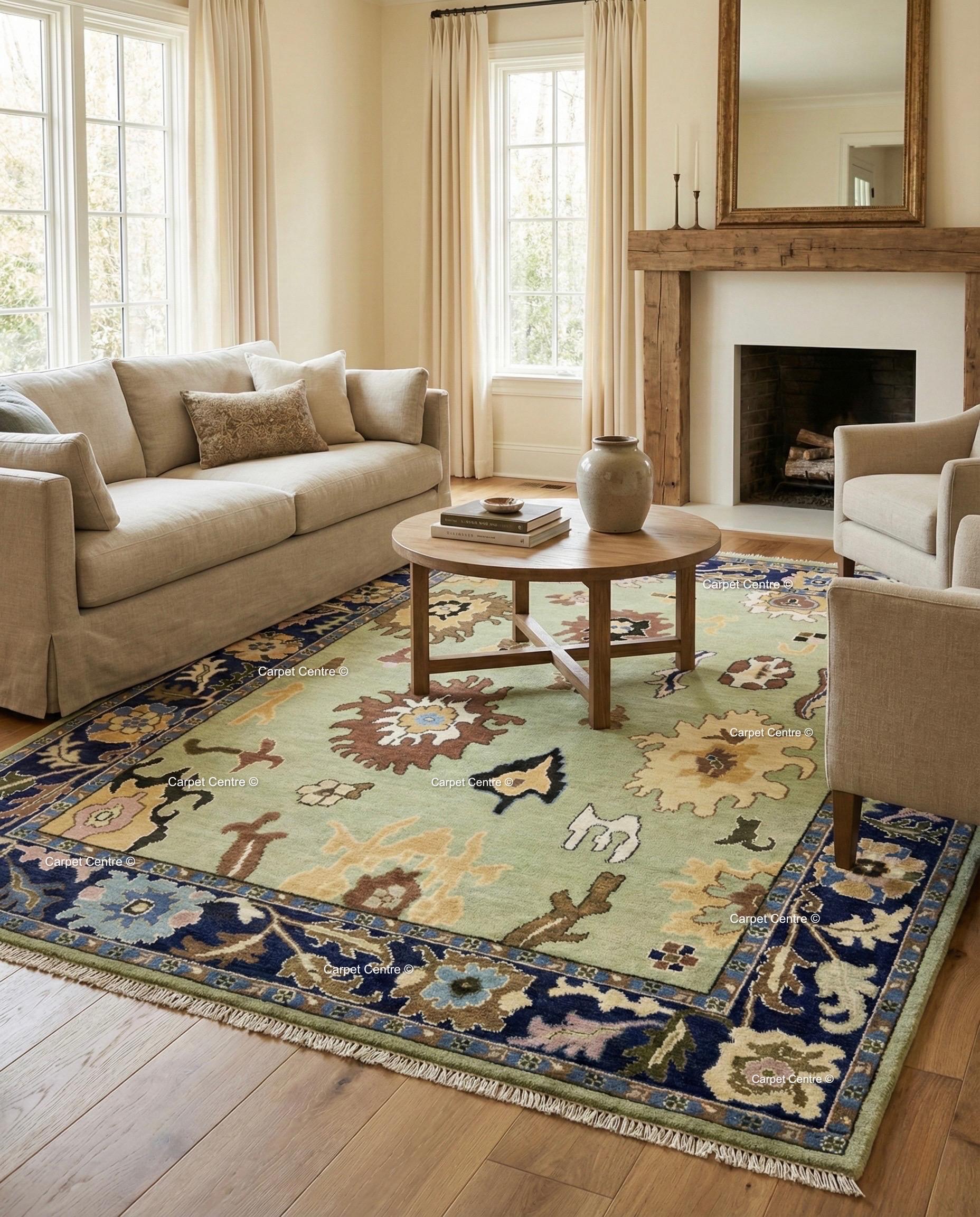 Hand-Knotted Sage Green Oushak Wool Rug, Navy Border, Living Room Decor