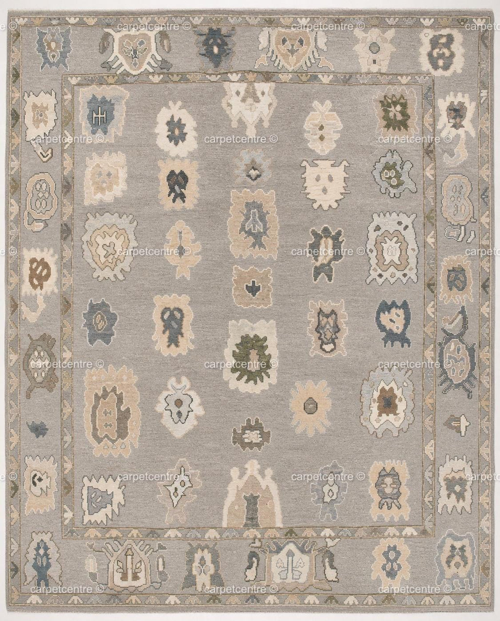 Hand Knotted Wool Oushak Rug | Muted Geometric Tribal Design, Neutral Tones