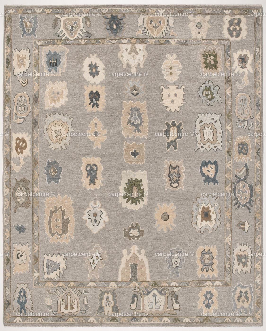 Hand Knotted Wool Oushak Rug | Muted Geometric Tribal Design, Neutral Tones