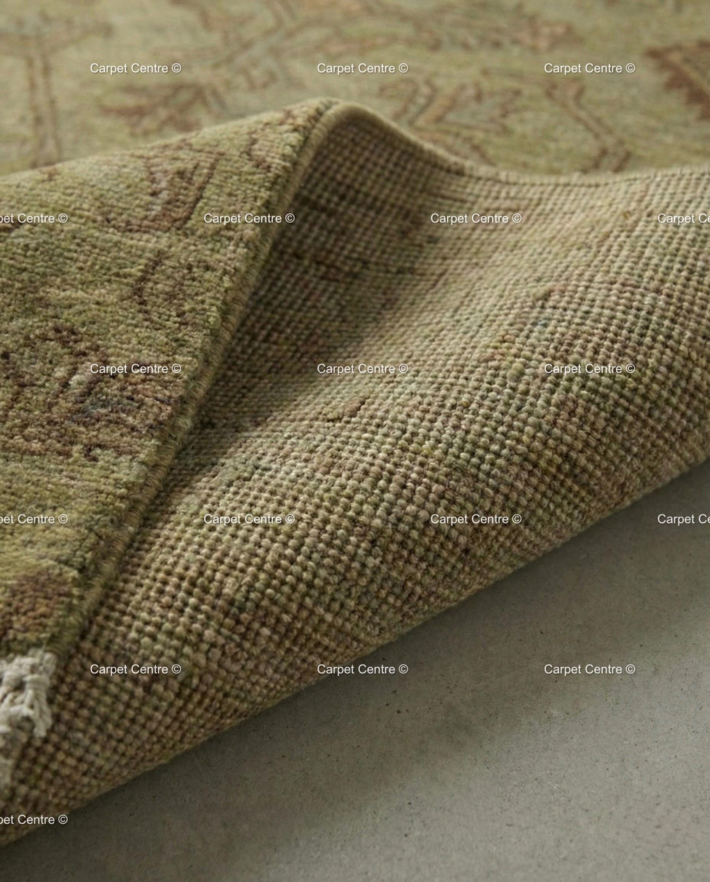 Hand Knotted Wool Oushak Rug, Muted Olive Green Geometric Carpet
