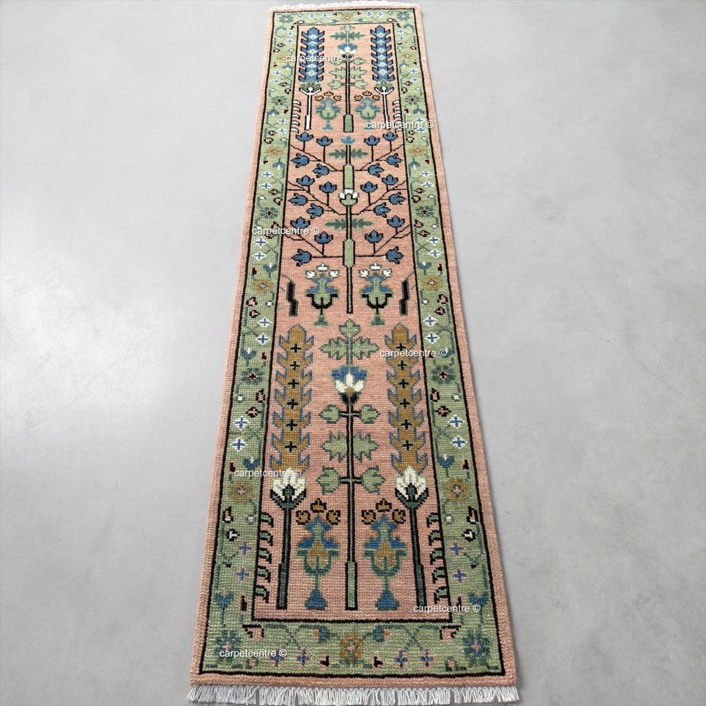 Handmade Wool Runner Rug: Pink and Green Oushak Tree of Life Design