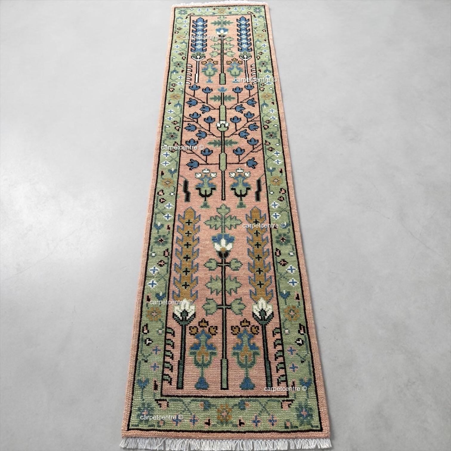 Handmade Wool Runner Rug: Pink and Green Oushak Tree of Life Design