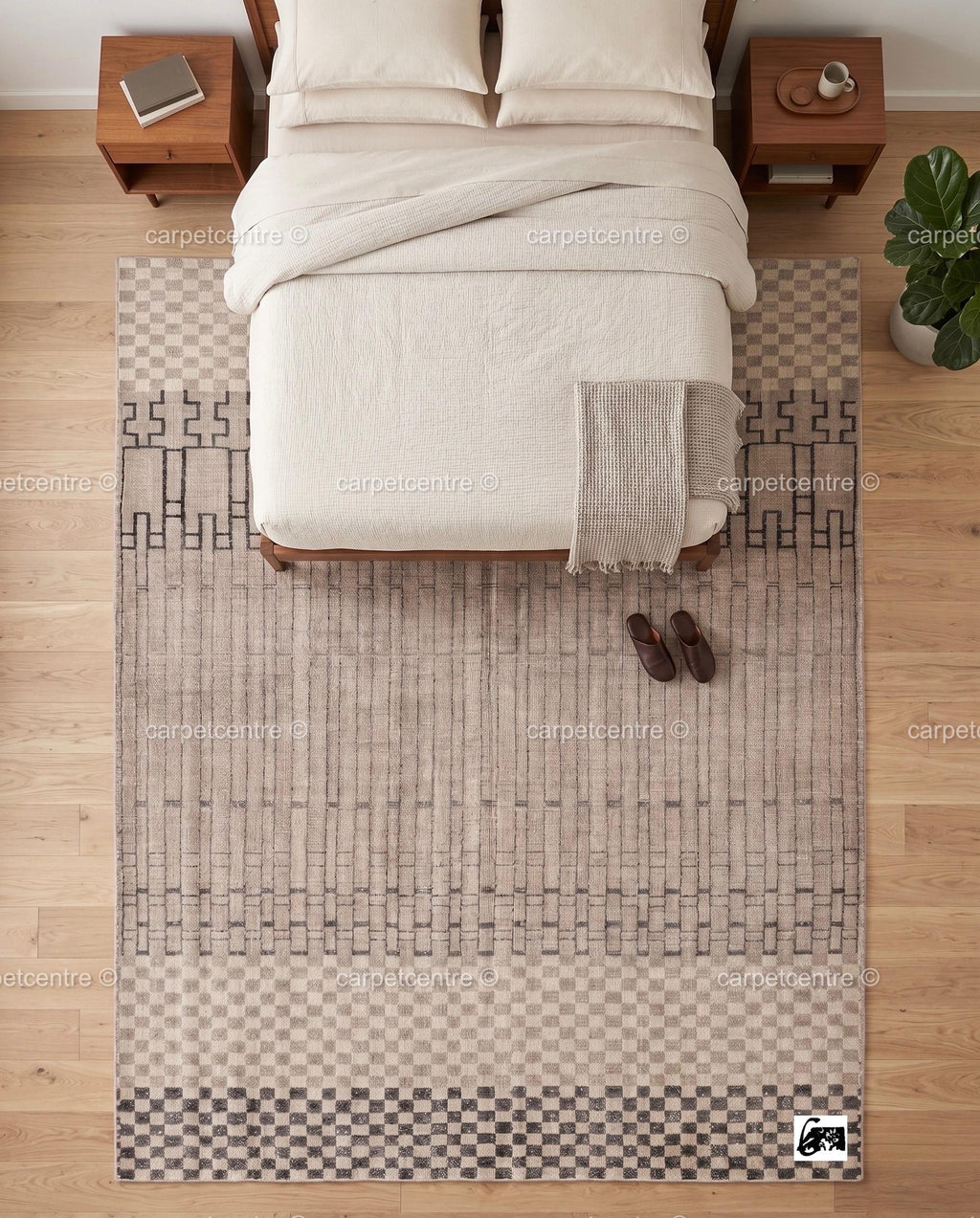 Neutral Geometric Oushak Rug | Beige Charcoal Checkered Wool Carpet