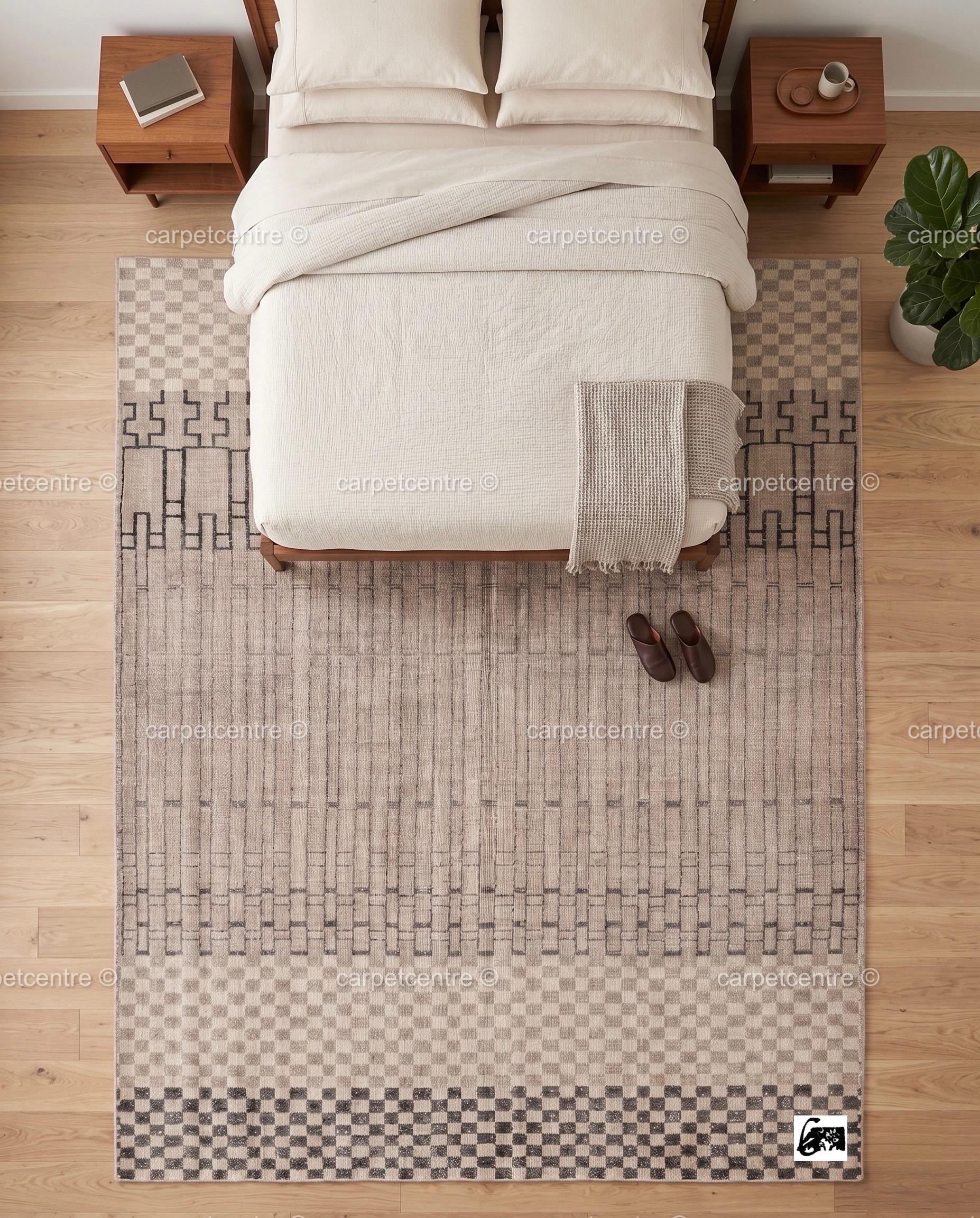 Neutral Geometric Oushak Rug | Beige Charcoal Checkered Wool Carpet