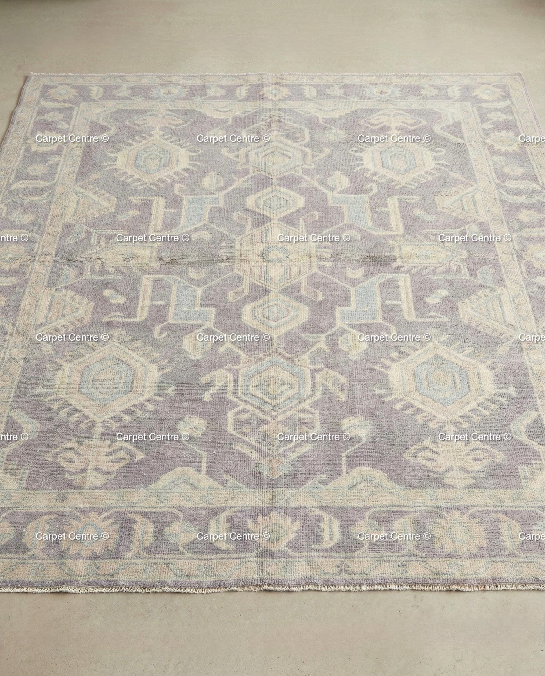 Muted Purple Oushak Rug, Hand-Knotted Wool Geometric Pastel Home Decor