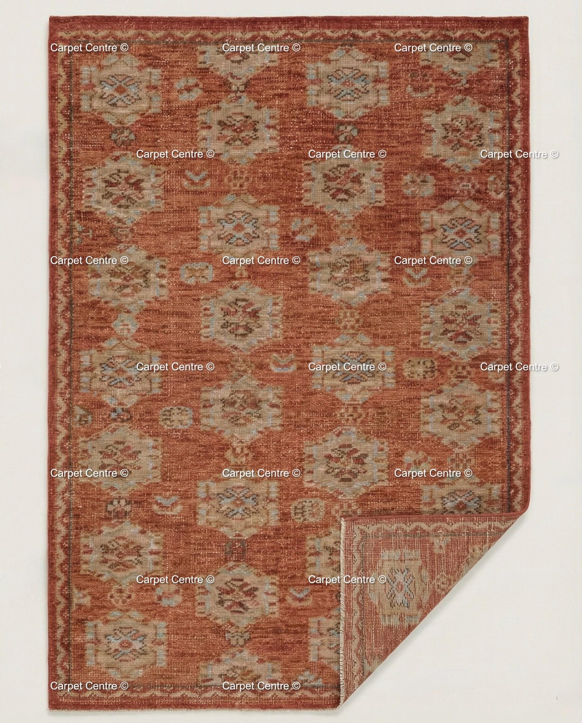 Hand-Knotted Oushak Rug – Terracotta Rust Wool Pile, Geometric Turkish Style 8x10 9x12 10x14 Area Rug Bedroom Living Room