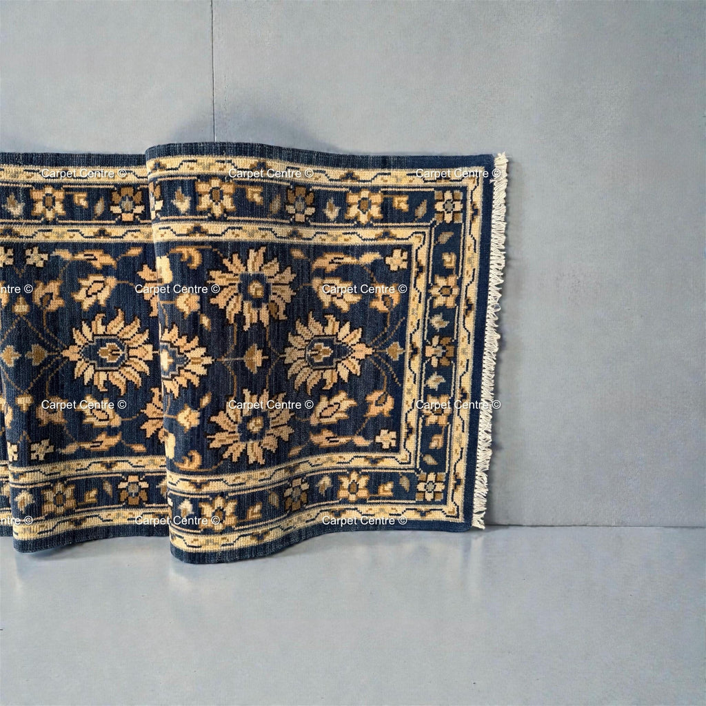 Handmade Oushak Wool Runner Rug: Navy Blue Floral Hallway Rug