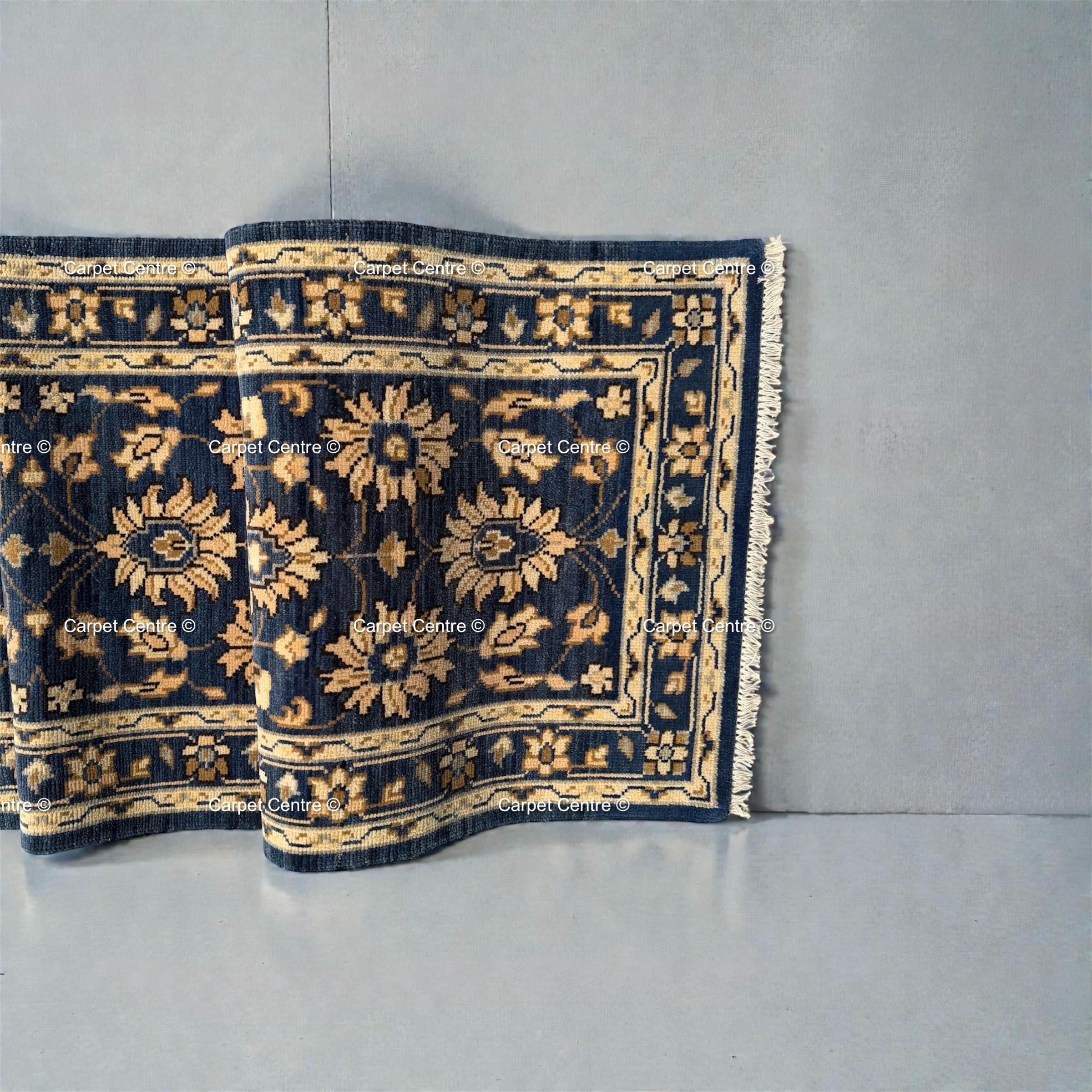 Handmade Oushak Wool Runner Rug: Navy Blue Floral Hallway Rug