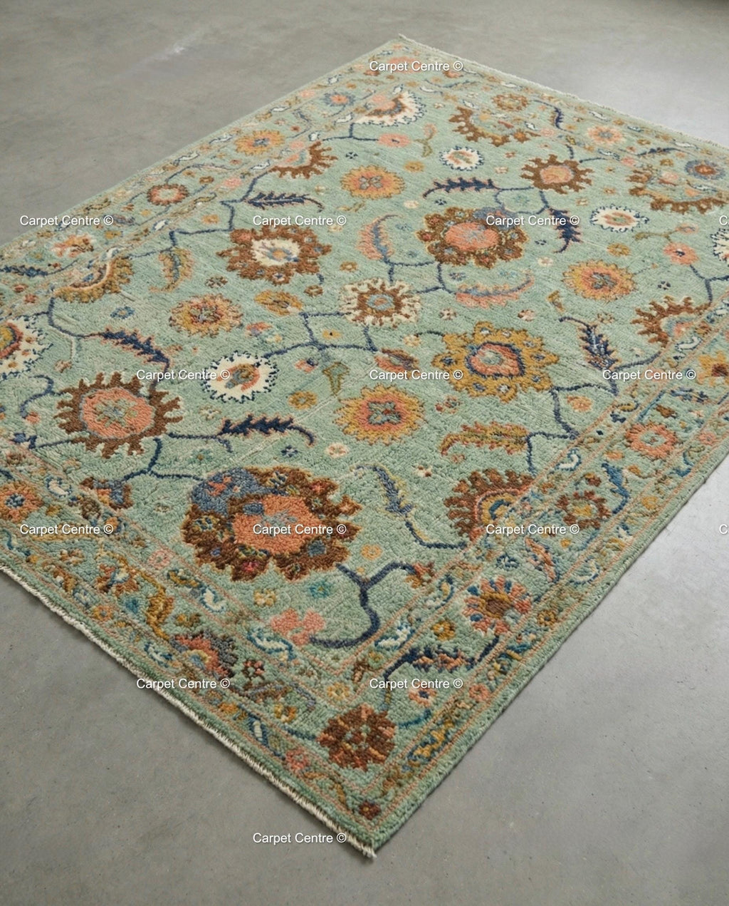 Sage Green Oushak Rug, Hand Knotted Wool, Arts & Crafts Floral