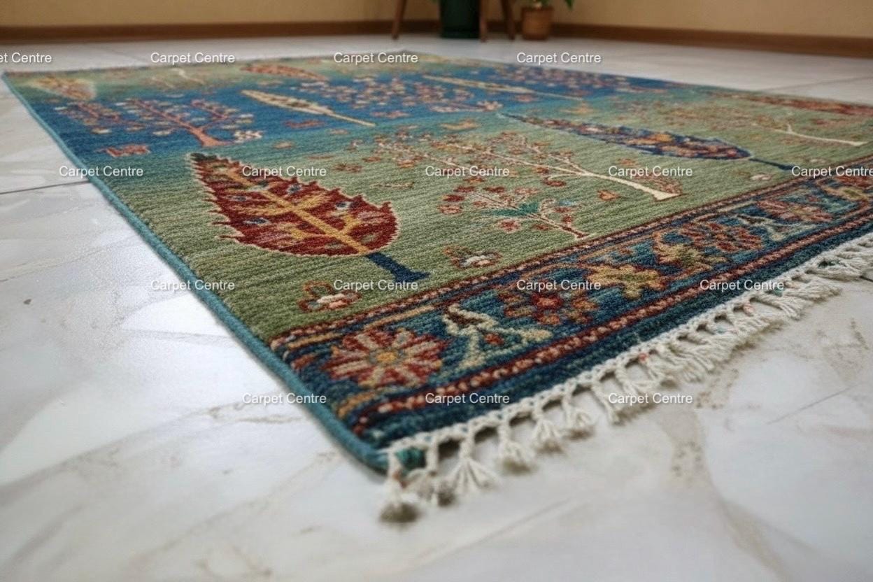 Hand-Knotted Wool Rug, Tree of Life Garden Design, Blue Green Abrash